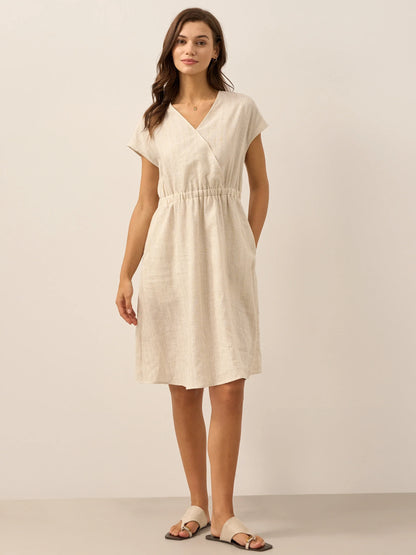 Serena | Women’s Linen Striped Elastic-Waist Midi Dress