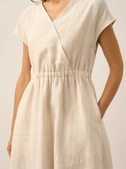 Serena | Women’s Linen Striped Elastic-Waist Midi Dress