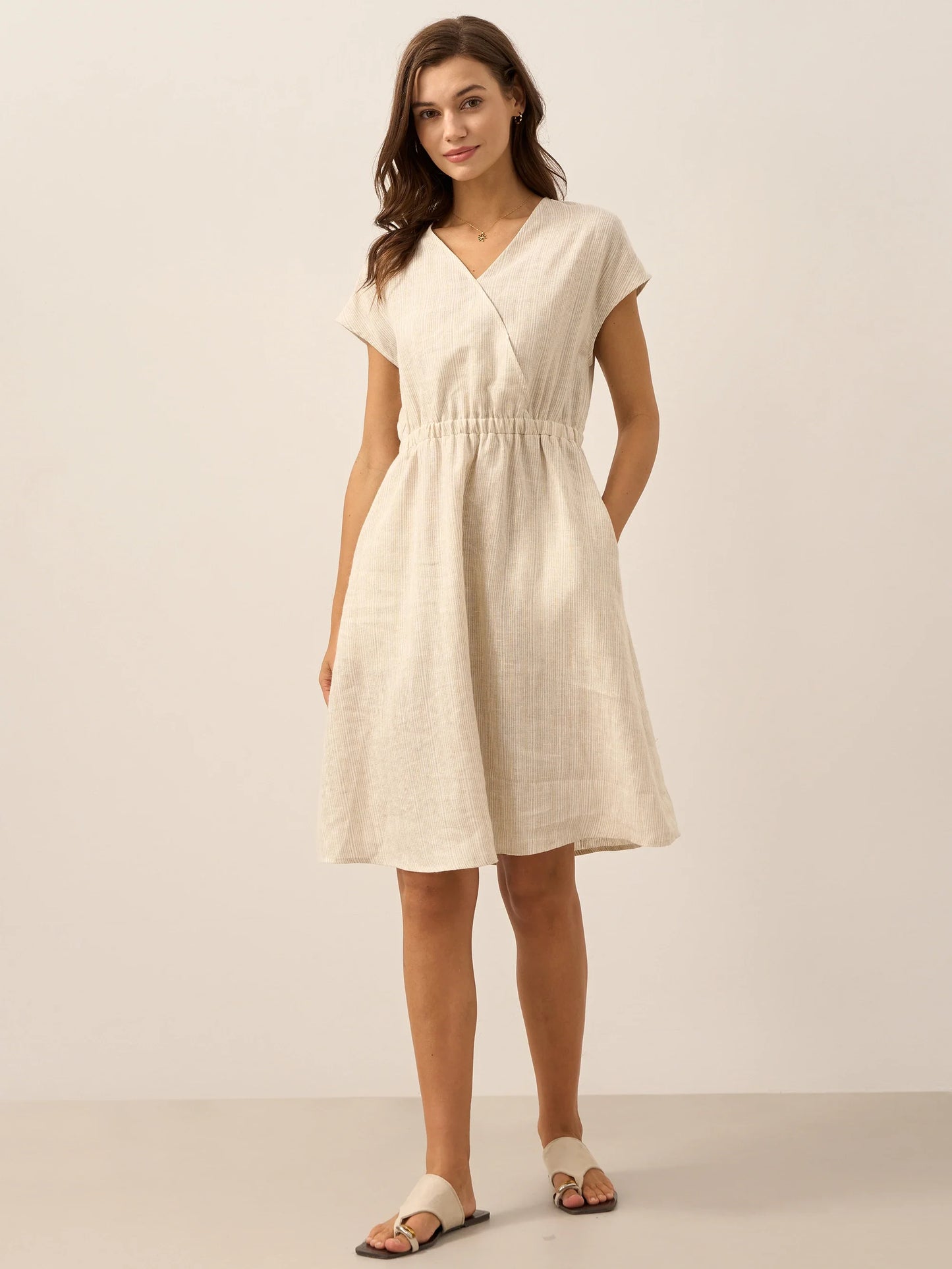 Serena | Women’s Linen Striped Elastic-Waist Midi Dress