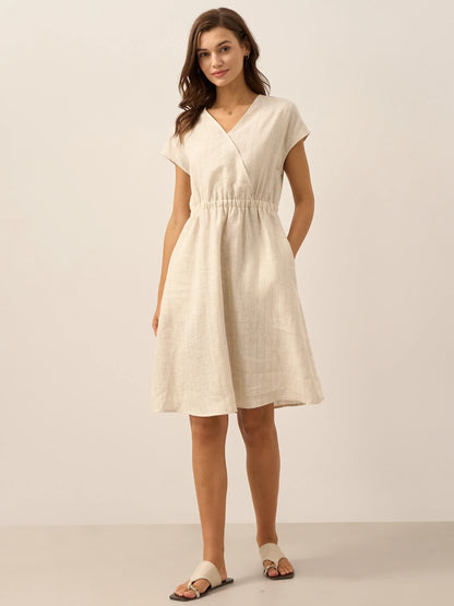 Serena | Women’s Linen Striped Elastic-Waist Midi Dress
