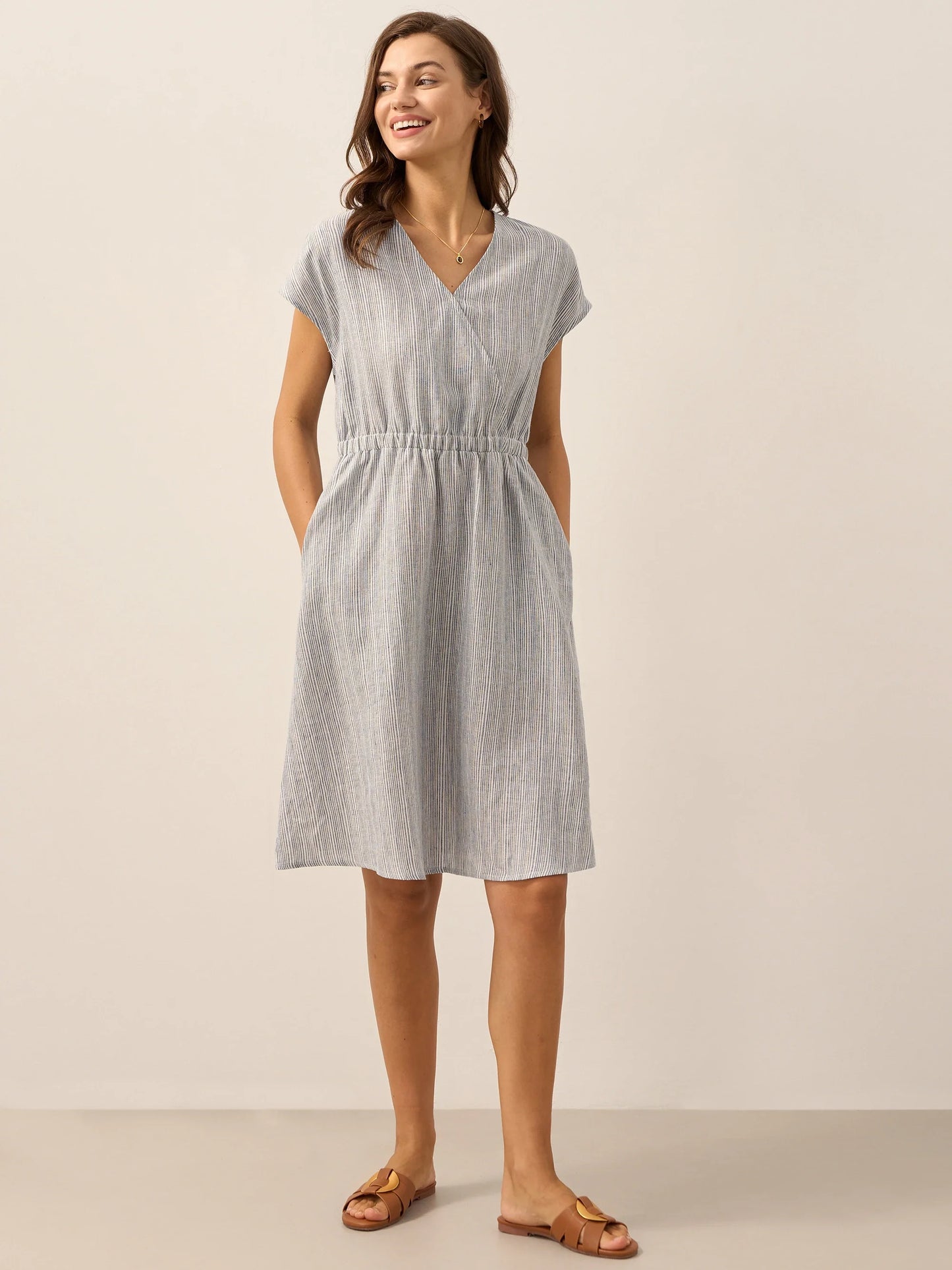 Serena | Women’s Linen Striped Elastic-Waist Midi Dress