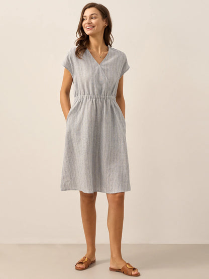Serena | Women’s Linen Striped Elastic-Waist Midi Dress