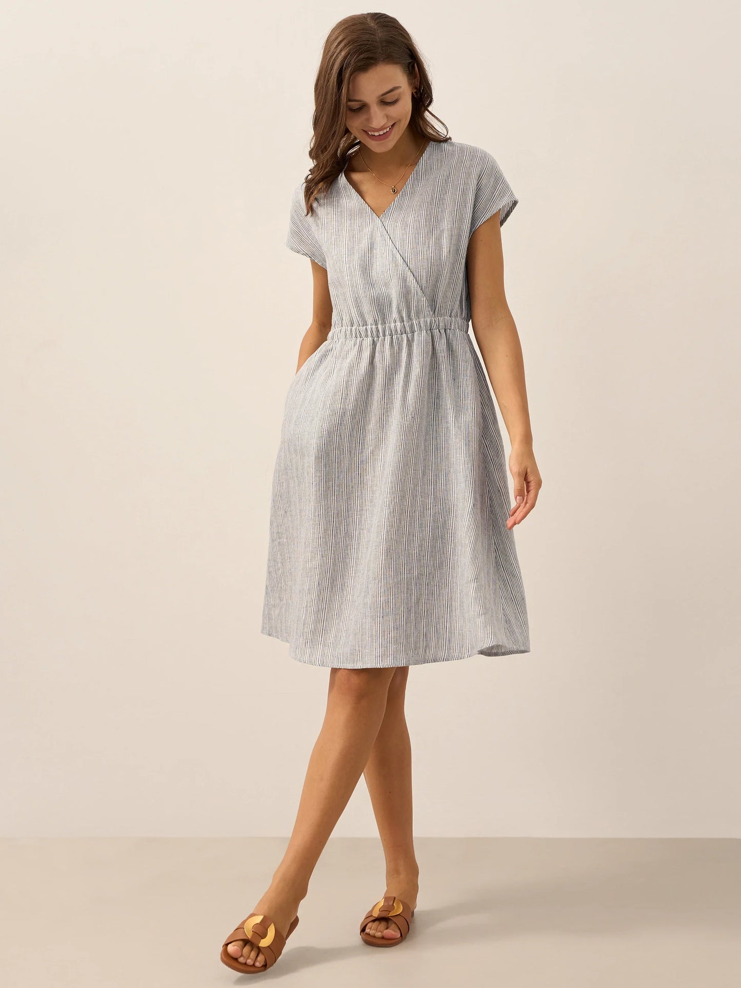 Serena | Women’s Linen Striped Elastic-Waist Midi Dress
