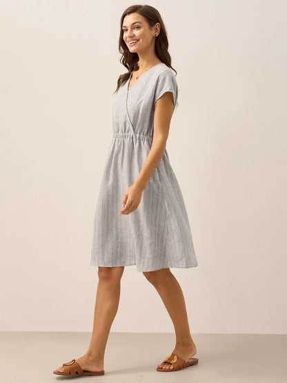 Serena | Women’s Linen Striped Elastic-Waist Midi Dress