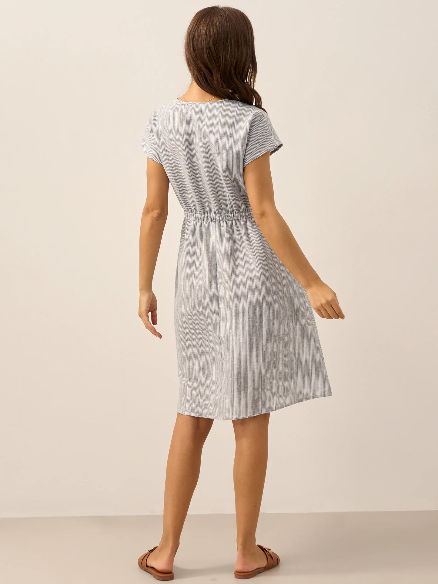 Serena | Women’s Linen Striped Elastic-Waist Midi Dress
