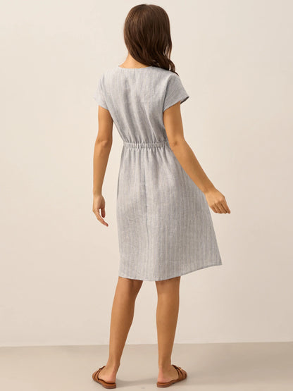 Serena | Women’s Linen Striped Elastic-Waist Midi Dress
