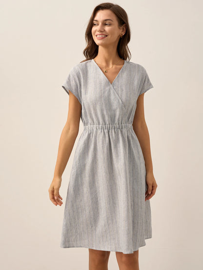 Serena | Women’s Linen Striped Elastic-Waist Midi Dress