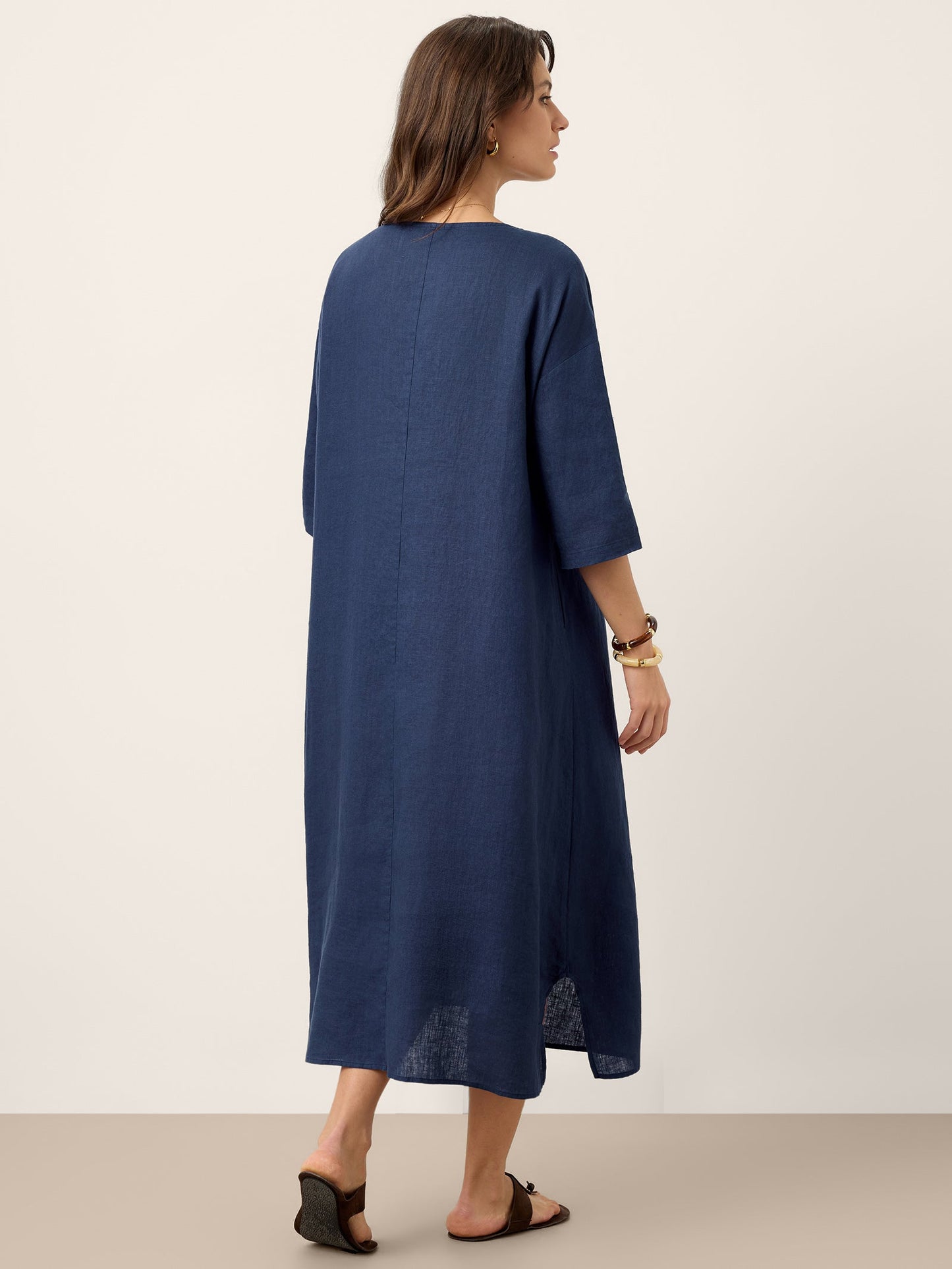 Rowan | Women’s Linen Roll-Up Sleeve Pleated Maxi Dress