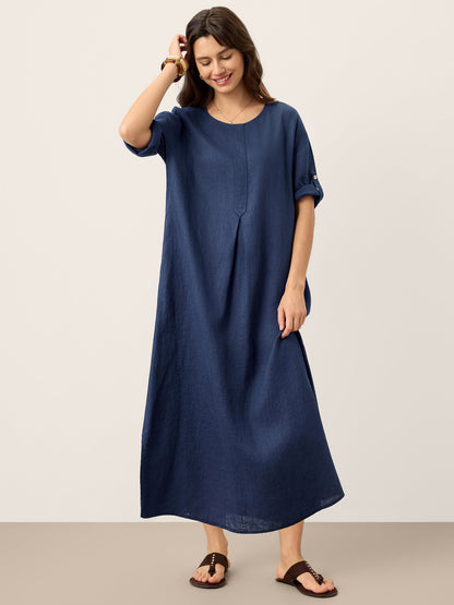 Rowan | Women’s Linen Roll-Up Sleeve Pleated Maxi Dress