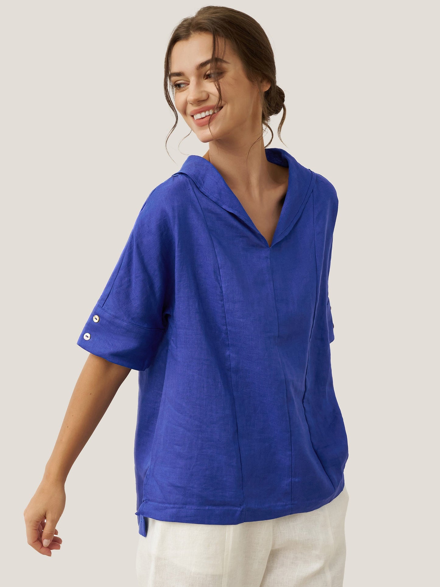 Jolene | Women’s Linen V-Neck Short Sleeve Blouse