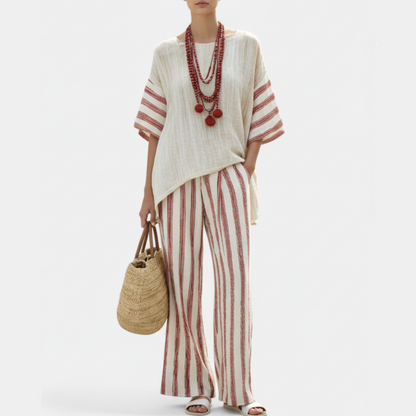 Rory | Women’s Rustic Striped Poncho Top and Linen Pants Set