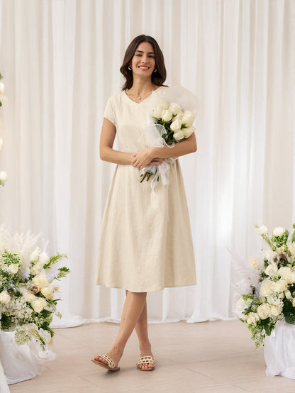 Cecily | Women’s Linen Summer V-Neck Fit-And-Flare Dress