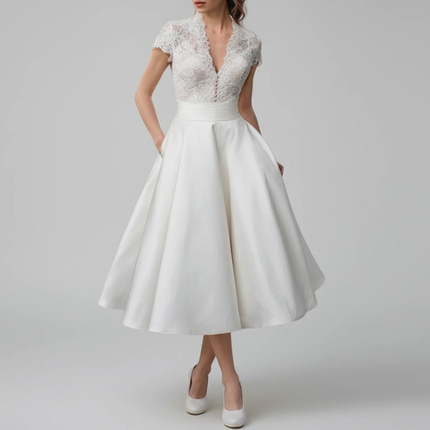 Genevieve | Women’s Lace V-Neck Midi Wedding Dress