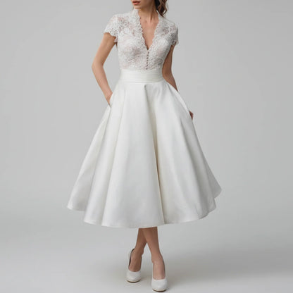 Genevieve | Women’s Lace V-Neck Midi Wedding Dress