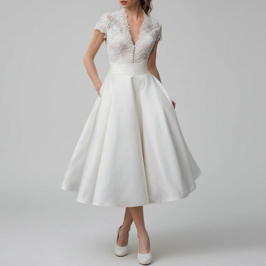 Genevieve | Women’s Lace V-Neck Midi Wedding Dress