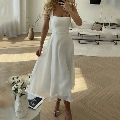 Bellamy | Women’s Elegant Square Neck Midi Dress for Wedding Guests