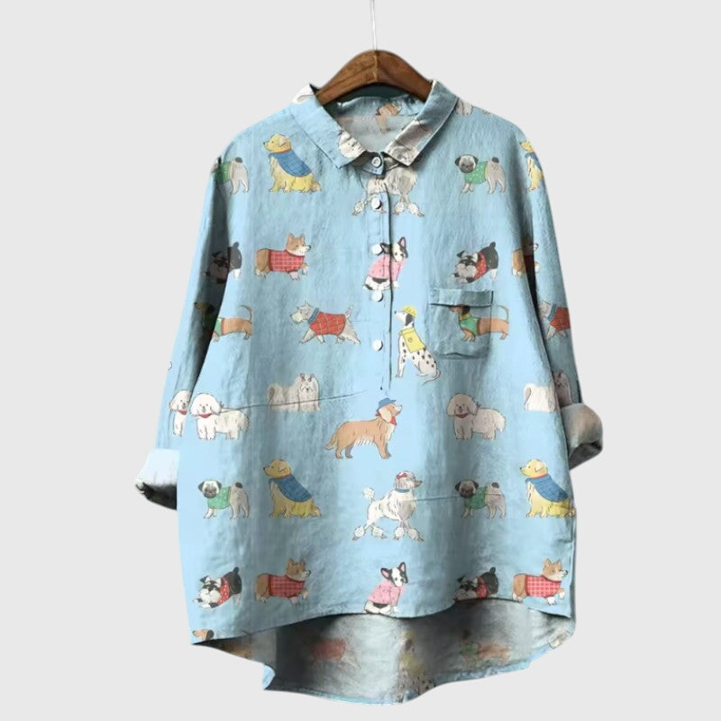 Piper | Women’s Cute Cat Print Button Up Blouse