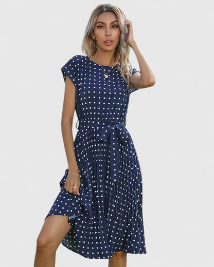 Marigene | Women’s Tie-Waist Polka Dot Cap Sleeve Midi Dress