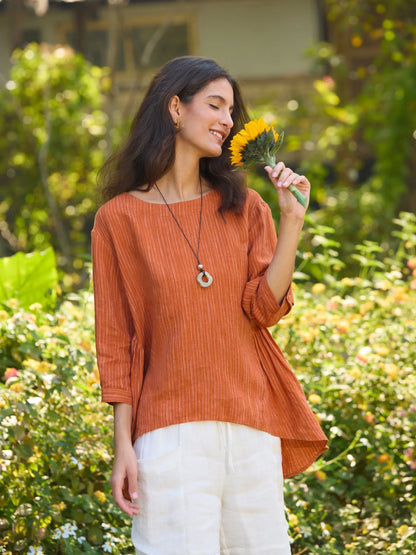 Avery | Women’s Linen Round Neck Artistic Stripe Shirt