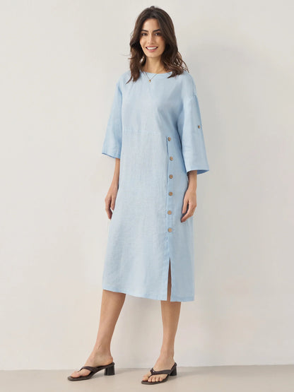 Delaney | Women’s Linen Round Neck Button Detail Midi Dress