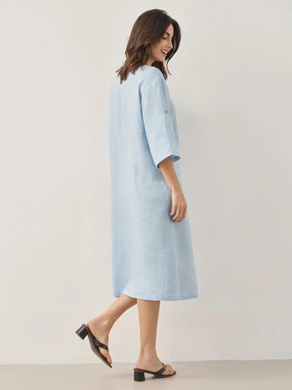 Delaney | Women’s Linen Round Neck Button Detail Midi Dress