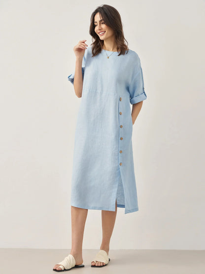 Delaney | Women’s Linen Round Neck Button Detail Midi Dress