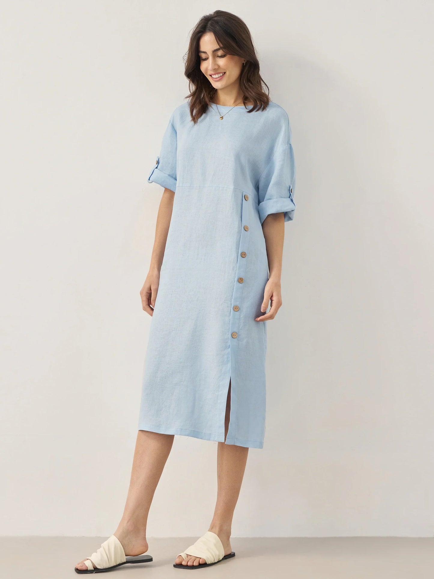 Delaney | Women’s Linen Round Neck Button Detail Midi Dress