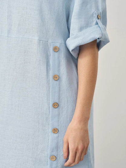 Delaney | Women’s Linen Round Neck Button Detail Midi Dress