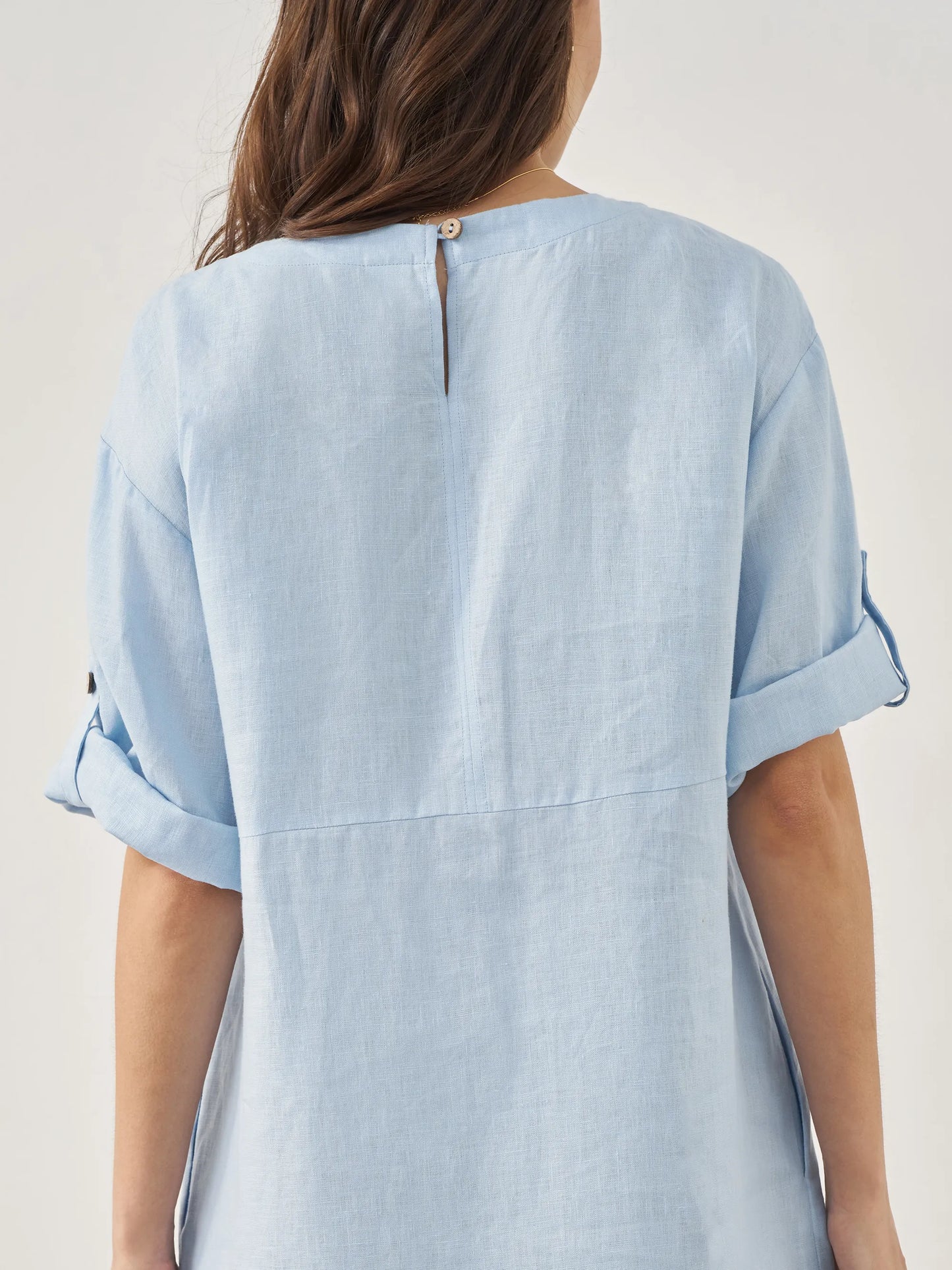 Delaney | Women’s Linen Round Neck Button Detail Midi Dress
