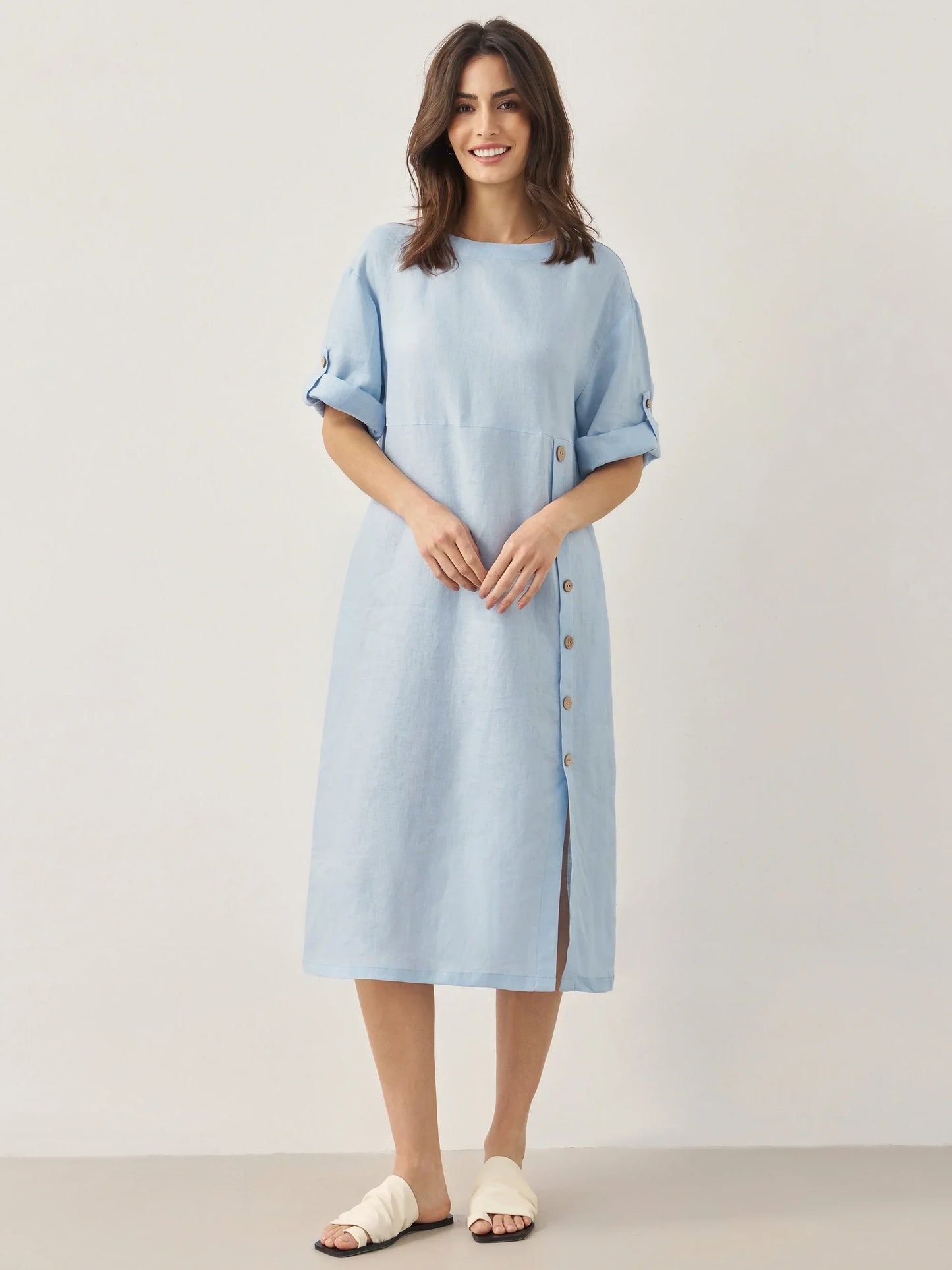 Delaney | Women’s Linen Round Neck Button Detail Midi Dress