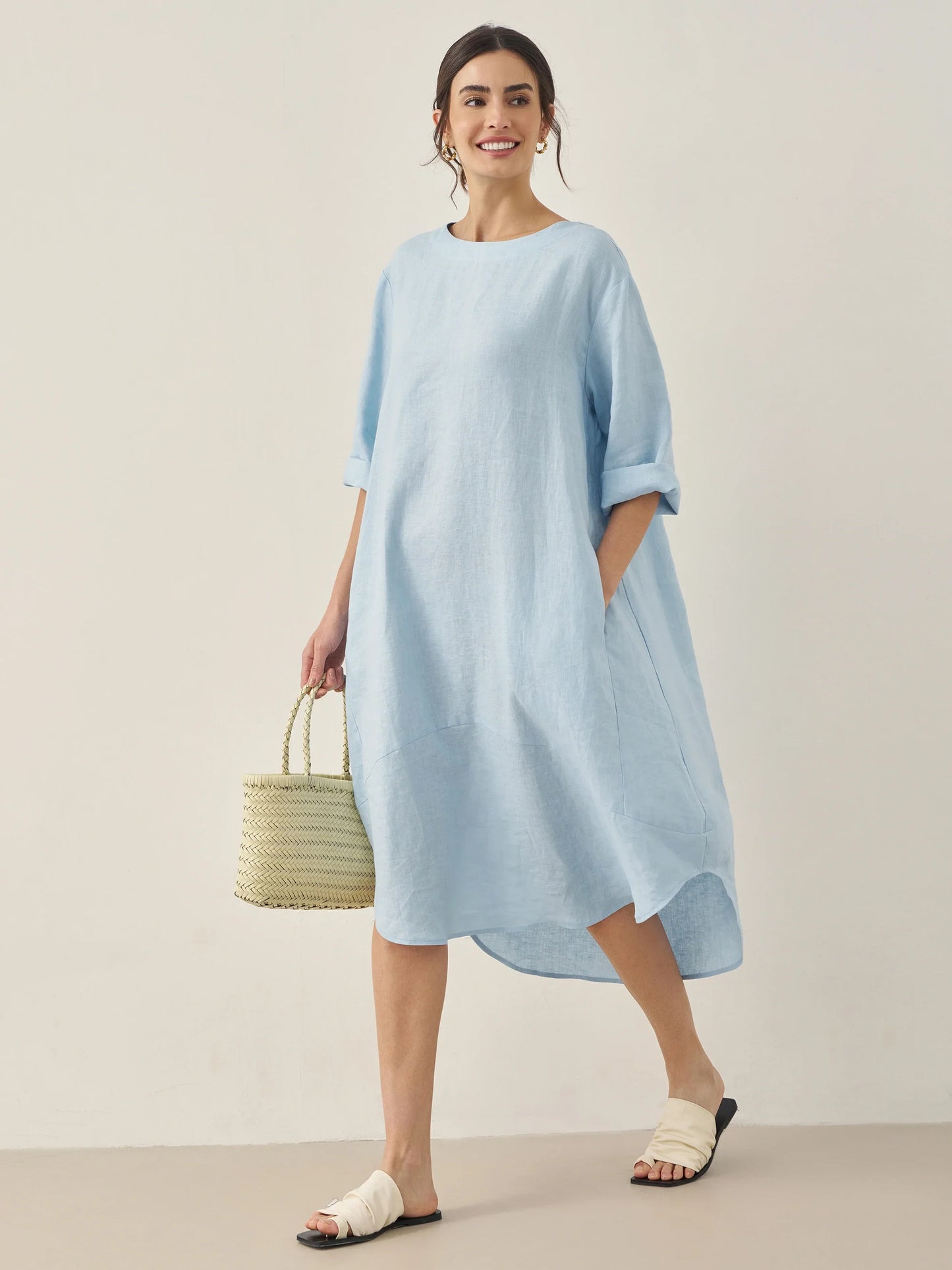 Paloma | Women’s Linen Bateau Neck Relaxed Midi Dress
