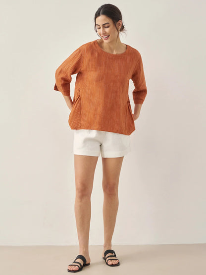 Avery | Women’s Linen Round Neck Artistic Stripe Shirt