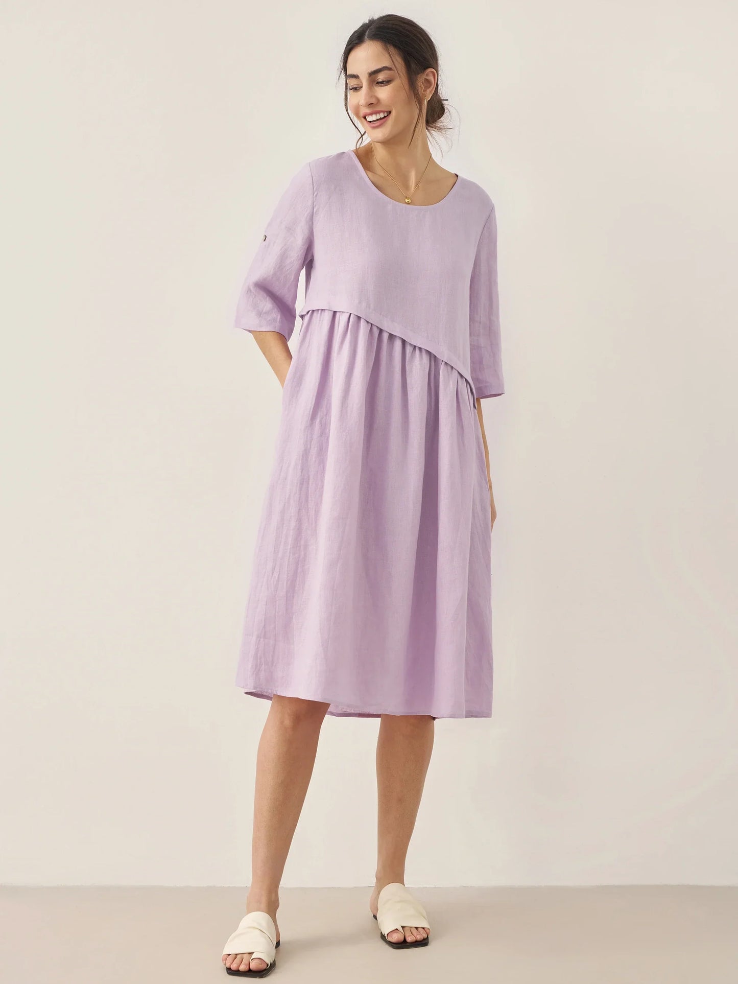 Marcellina | Women’s Linen Asymmetrical Pleated Round Neck Midi Dress
