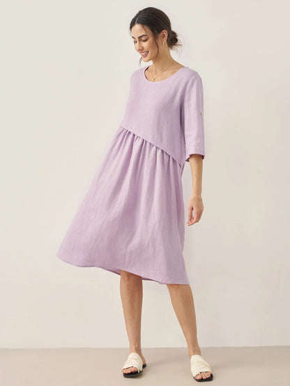 Marcellina | Women’s Linen Asymmetrical Pleated Round Neck Midi Dress