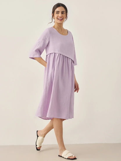 Marcellina | Women’s Linen Asymmetrical Pleated Round Neck Midi Dress