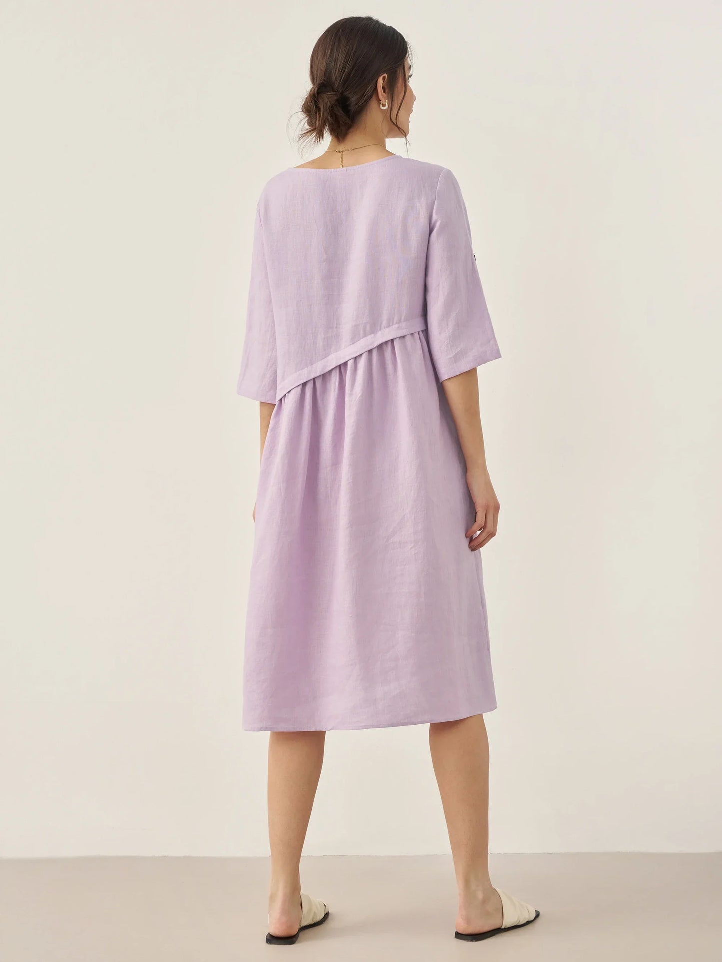 Marcellina | Women’s Linen Asymmetrical Pleated Round Neck Midi Dress