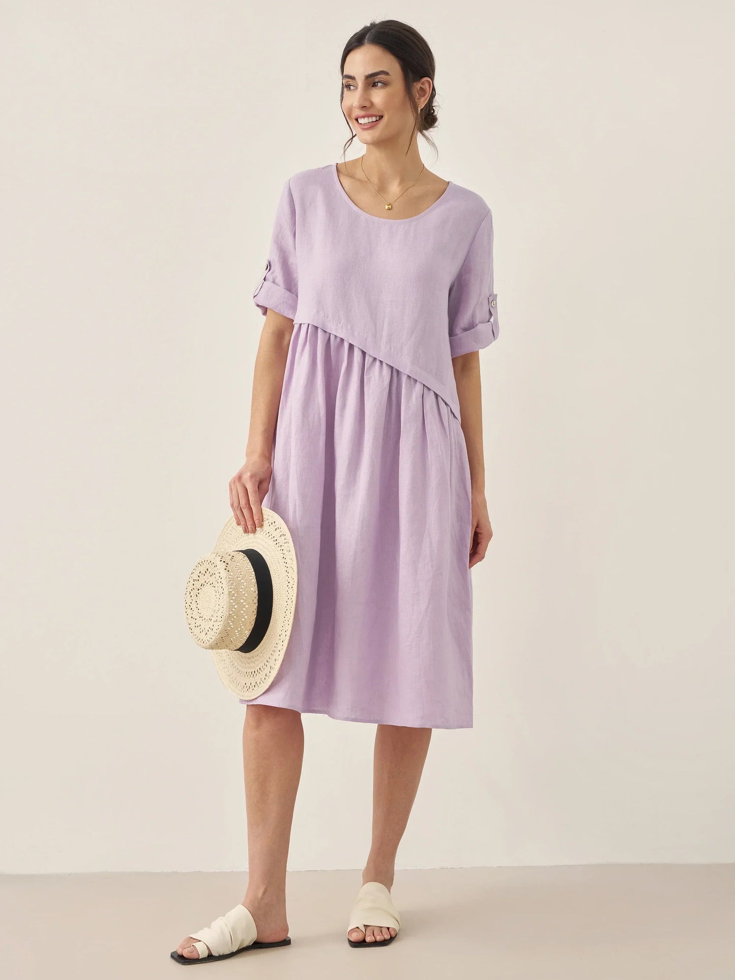 Marcellina | Women’s Linen Asymmetrical Pleated Round Neck Midi Dress