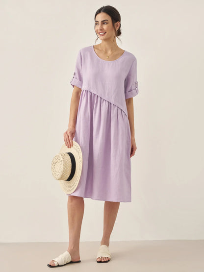 Marcellina | Women’s Linen Asymmetrical Pleated Round Neck Midi Dress