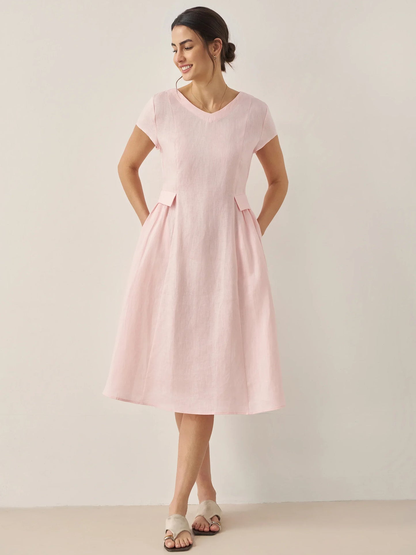 Cecily | Women’s Linen Summer V-Neck Fit-And-Flare Dress