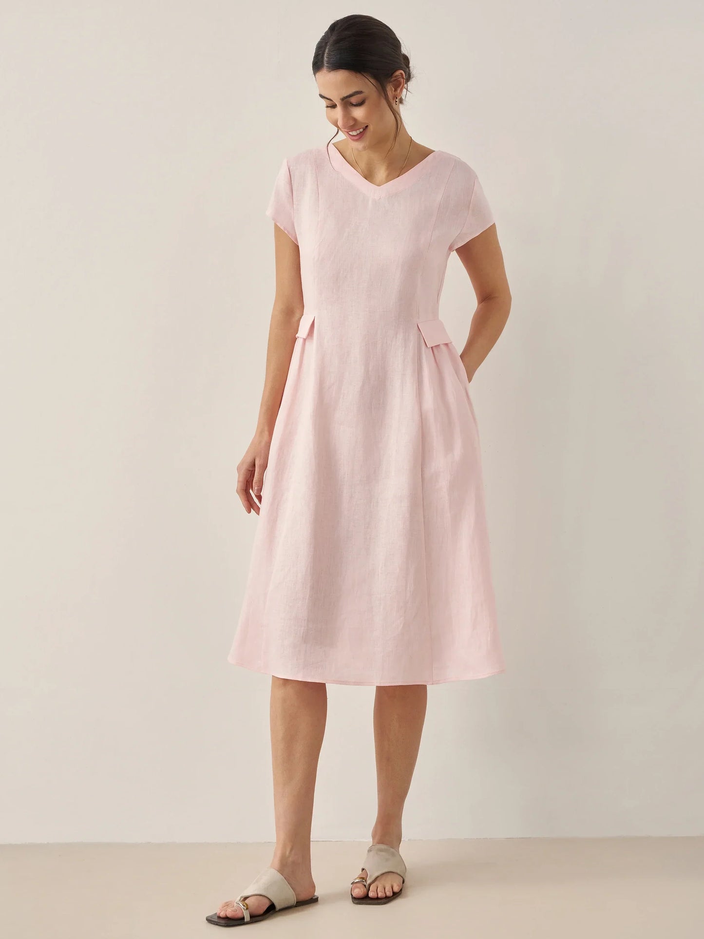 Cecily | Women’s Linen Summer V-Neck Fit-And-Flare Dress