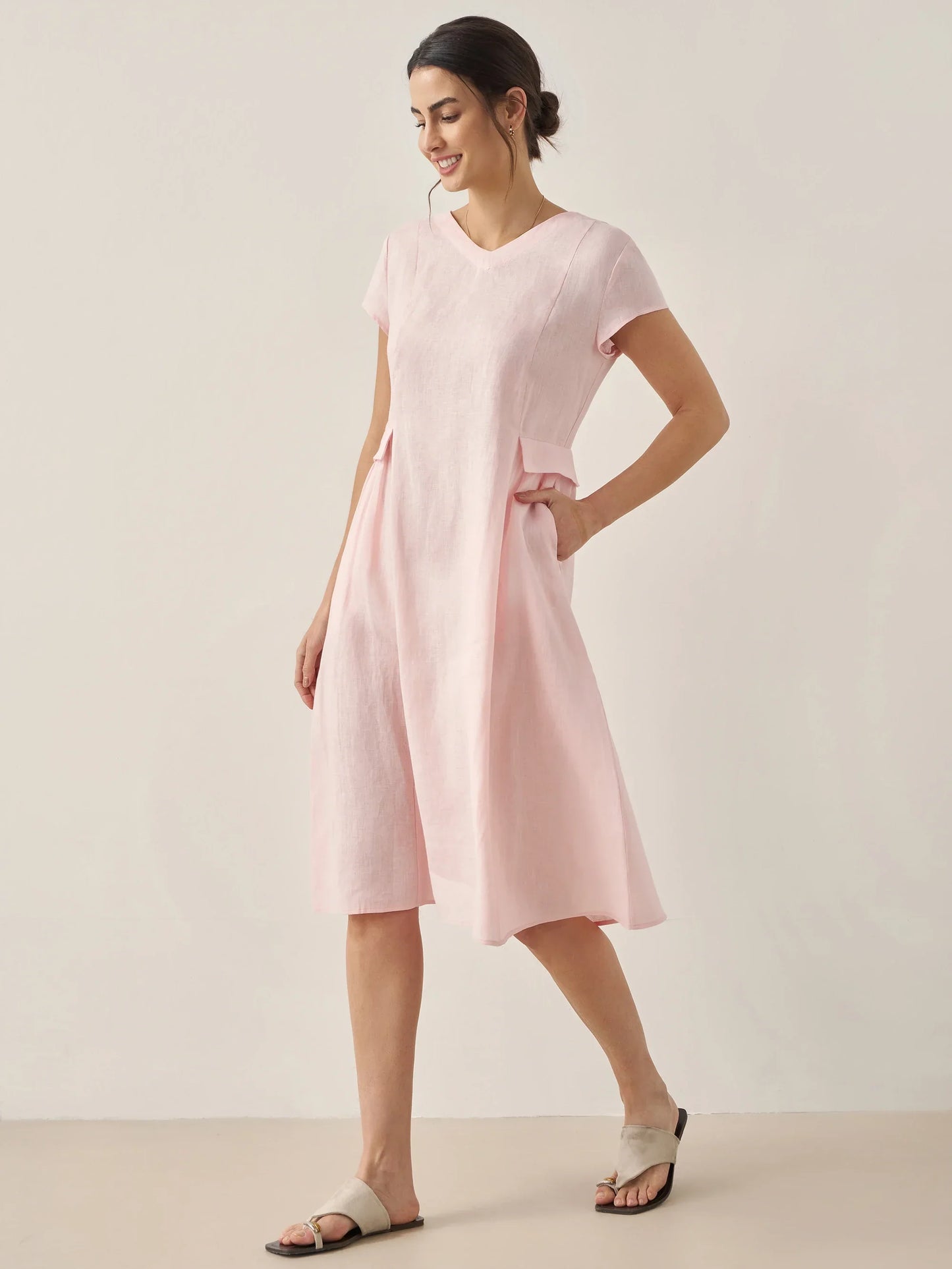 Cecily | Women’s Linen Summer V-Neck Fit-And-Flare Dress