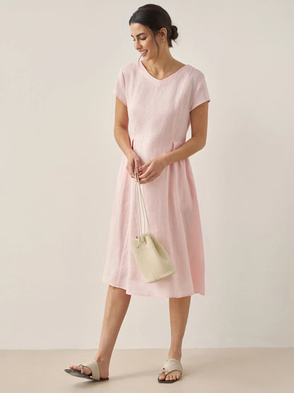 Cecily | Women’s Linen Summer V-Neck Fit-And-Flare Dress
