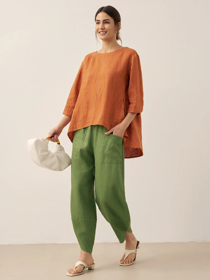 Avery | Women’s Linen Round Neck Artistic Stripe Shirt