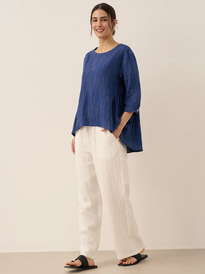 Avery | Women’s Linen Round Neck Artistic Stripe Shirt
