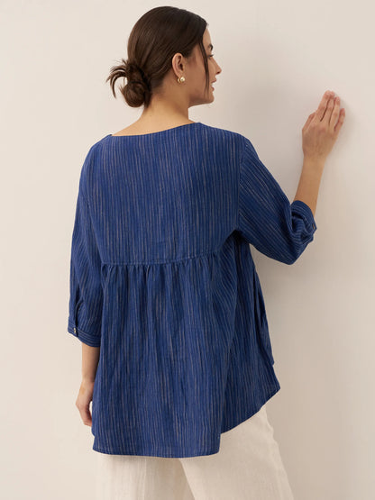 Avery | Women’s Linen Round Neck Artistic Stripe Shirt