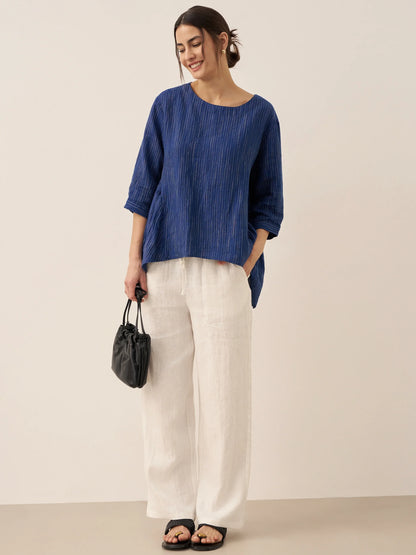 Avery | Women’s Linen Round Neck Artistic Stripe Shirt
