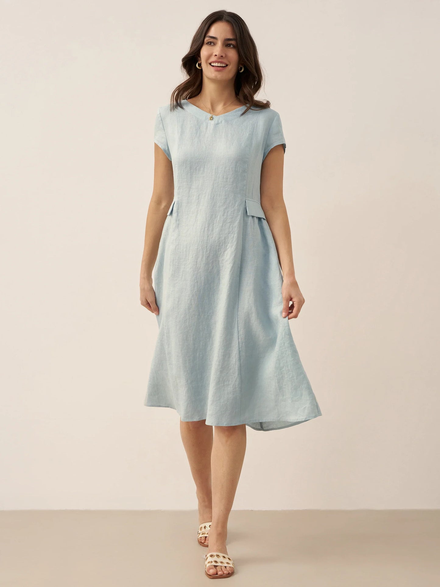Cecily | Women’s Linen Summer V-Neck Fit-And-Flare Dress
