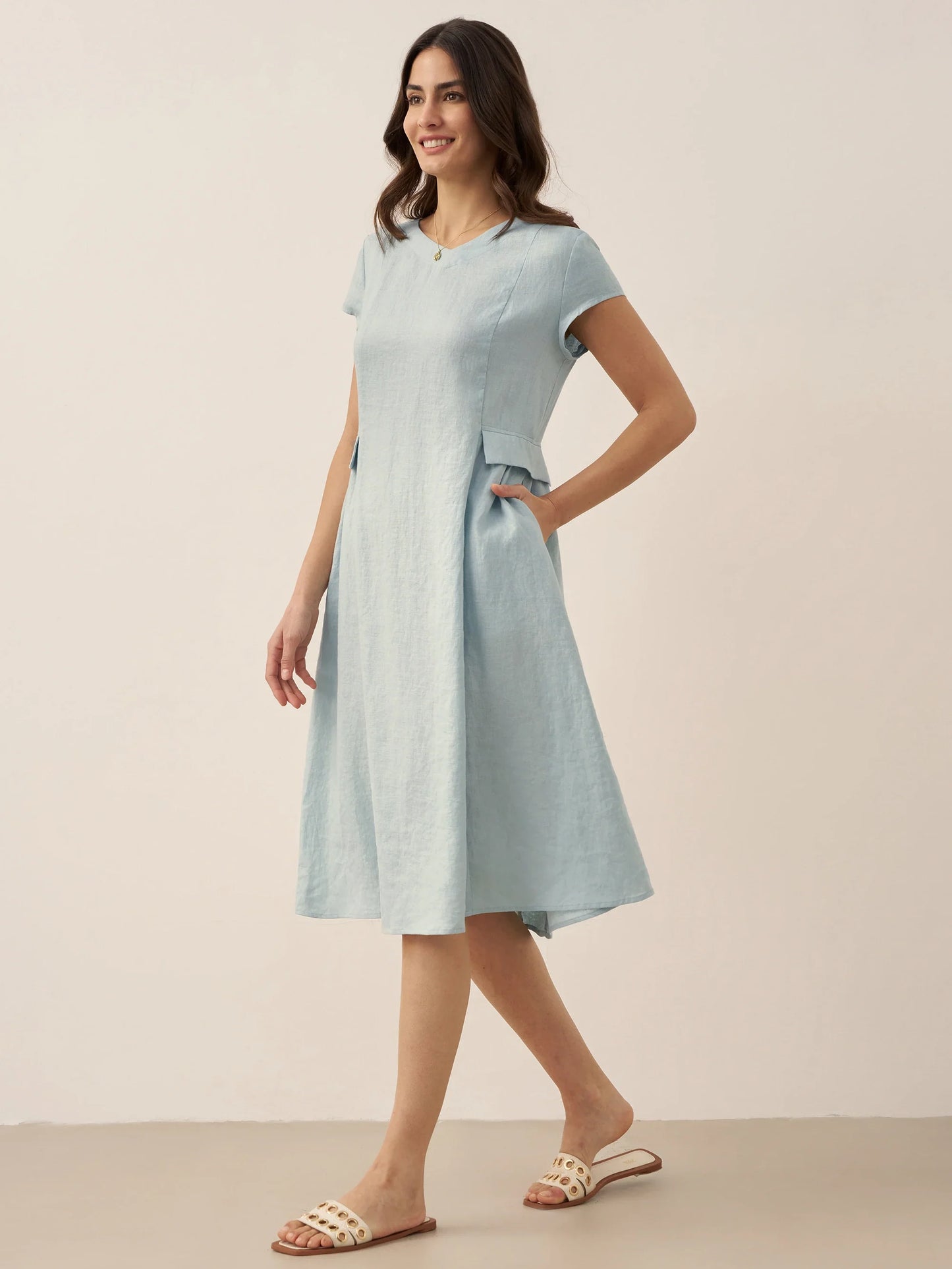 Cecily | Women’s Linen Summer V-Neck Fit-And-Flare Dress