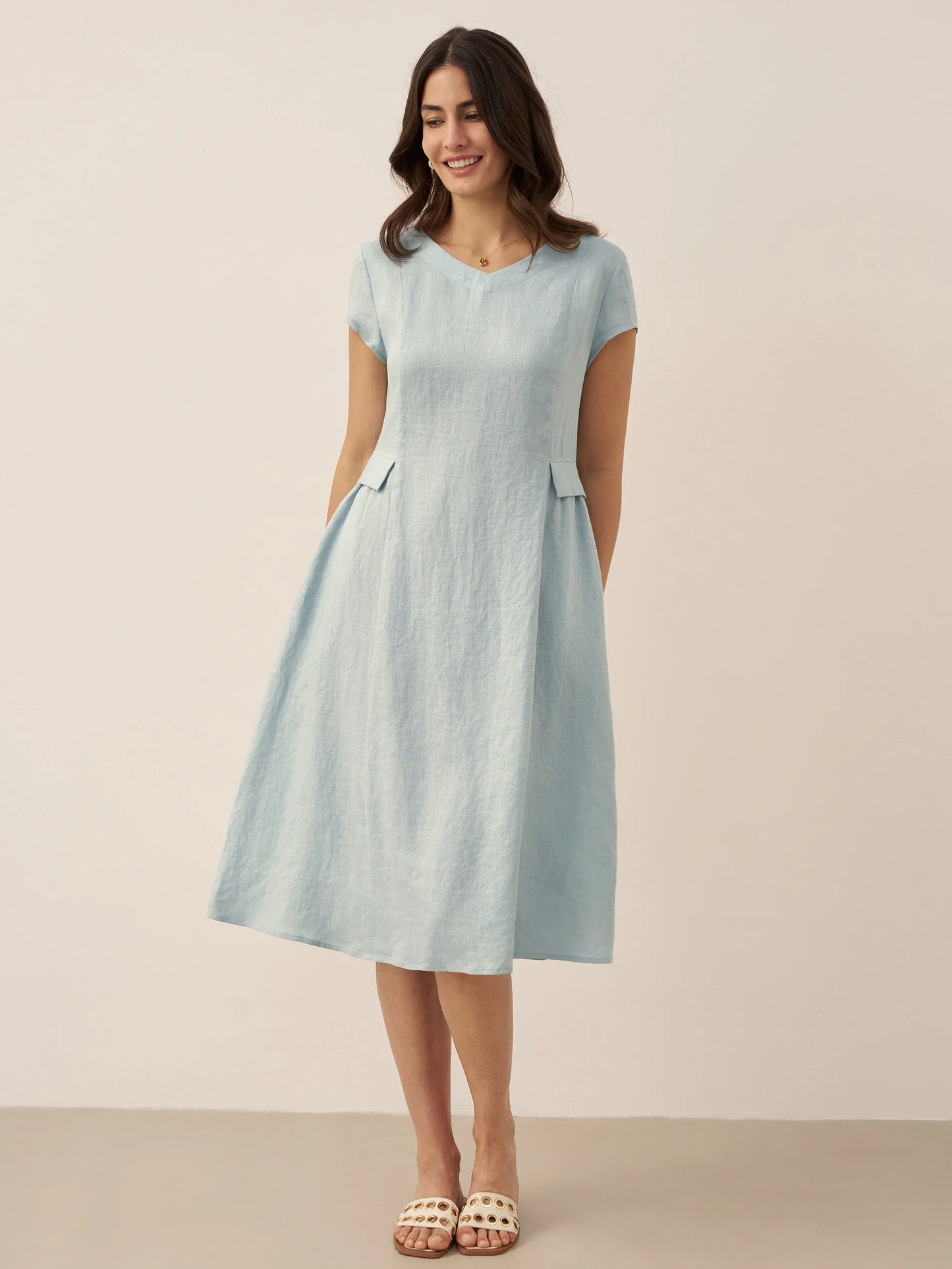 Cecily | Women’s Linen Summer V-Neck Fit-And-Flare Dress