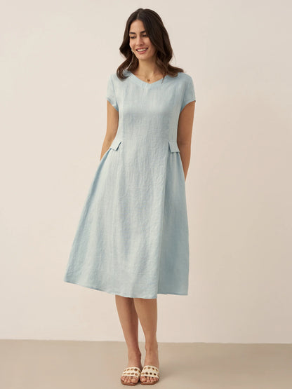 Cecily | Women’s Linen Summer V-Neck Fit-And-Flare Dress